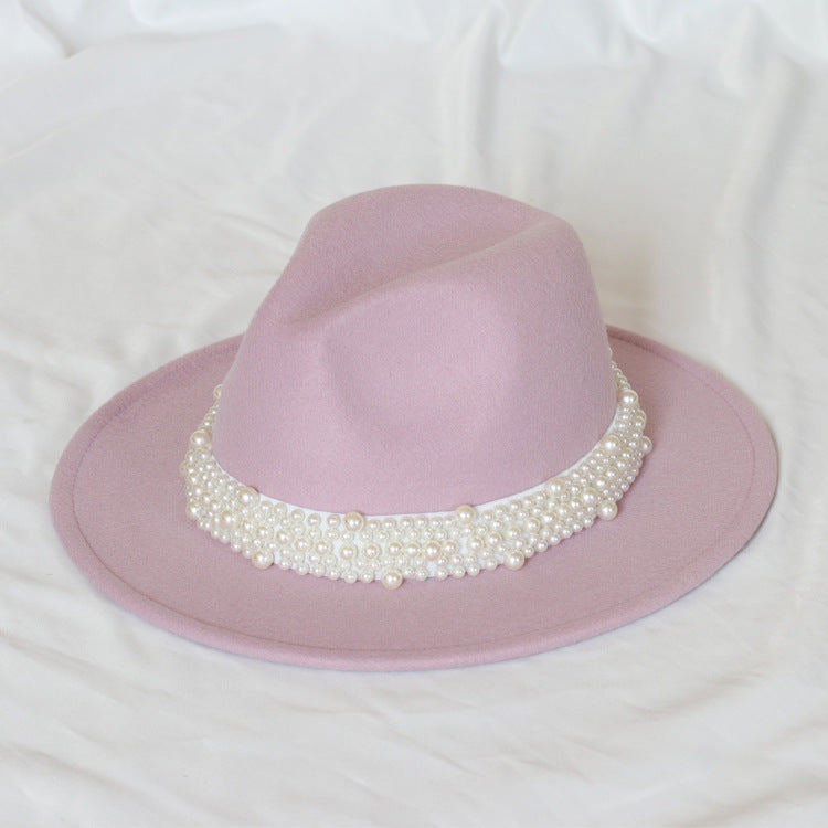 Handmade Pearl Top Hat Big Brim Fur Felt Hat