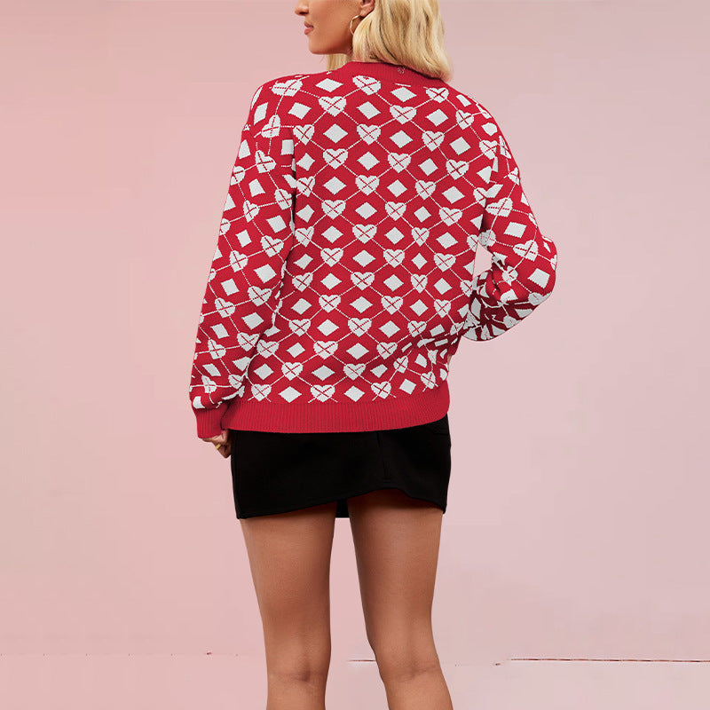 Valentine's Day Round Neck Pullover Peach Heart Sweater