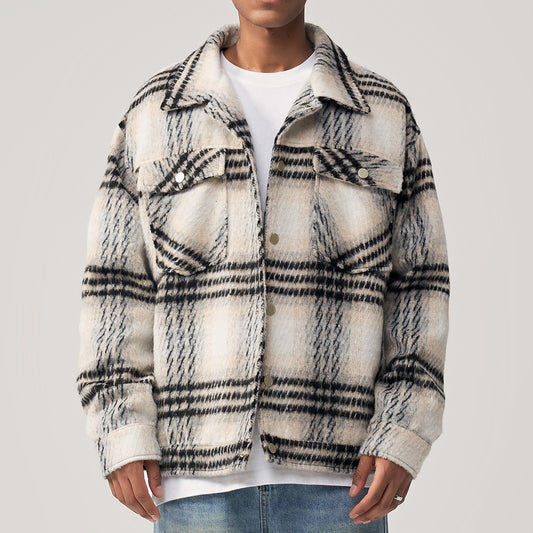 Sea Horse Hair Coarse Checked Shirt Jacket Loose Wool Clip Cotton
