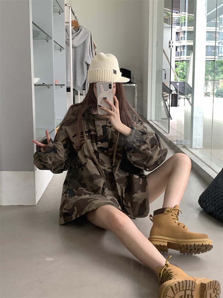 Women's Long Sleeve Zipper Camouflage Tooling Short Coat