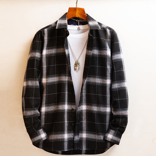 Autumn Brushed Long-sleeved Japanese Casual Loose Plaid Men's Bottoming Shirt