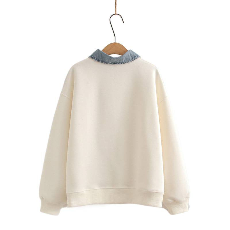 Denim Collar Stitching Polo Collar False Two-piece Sweaters