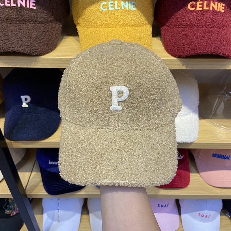 Lamb Hair Letter P Baseball Hat Female