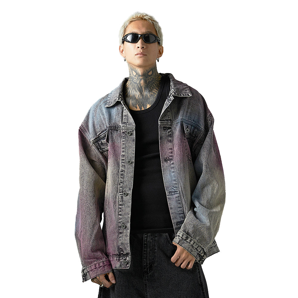 Colored String Spray Embroidery Denim Coat Tie-dyed Washed And Worn Loose