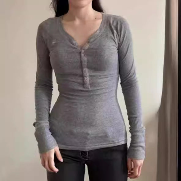Simple Solid Color Rib Fabric Tight Long Sleeve Bottoming Shirt