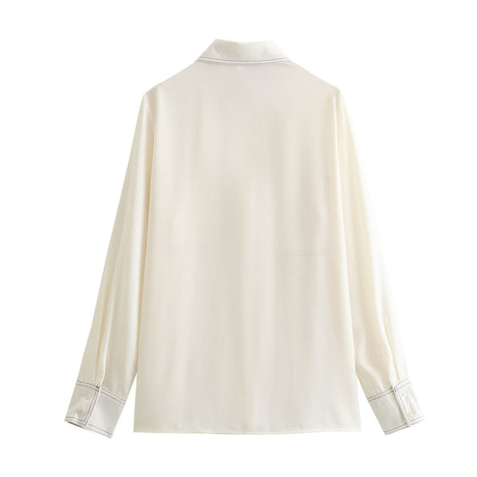 Fashion Versatile Casual Color-blocking Topstitch Decorated Shirt For Women