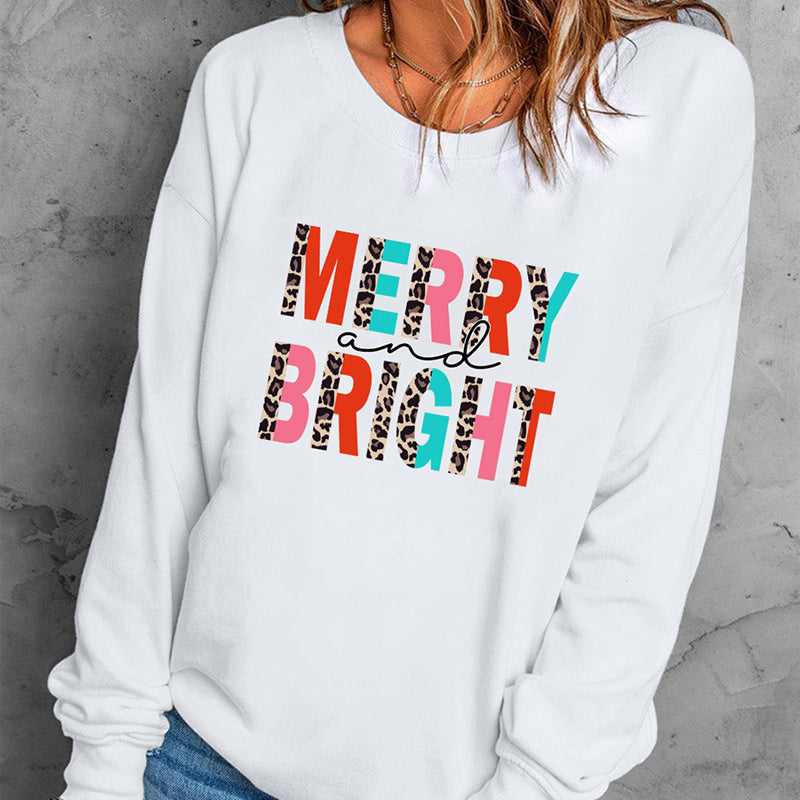 Rainbow Letter Splicing Leopard Print Design Sweater European American Simple Versatile
