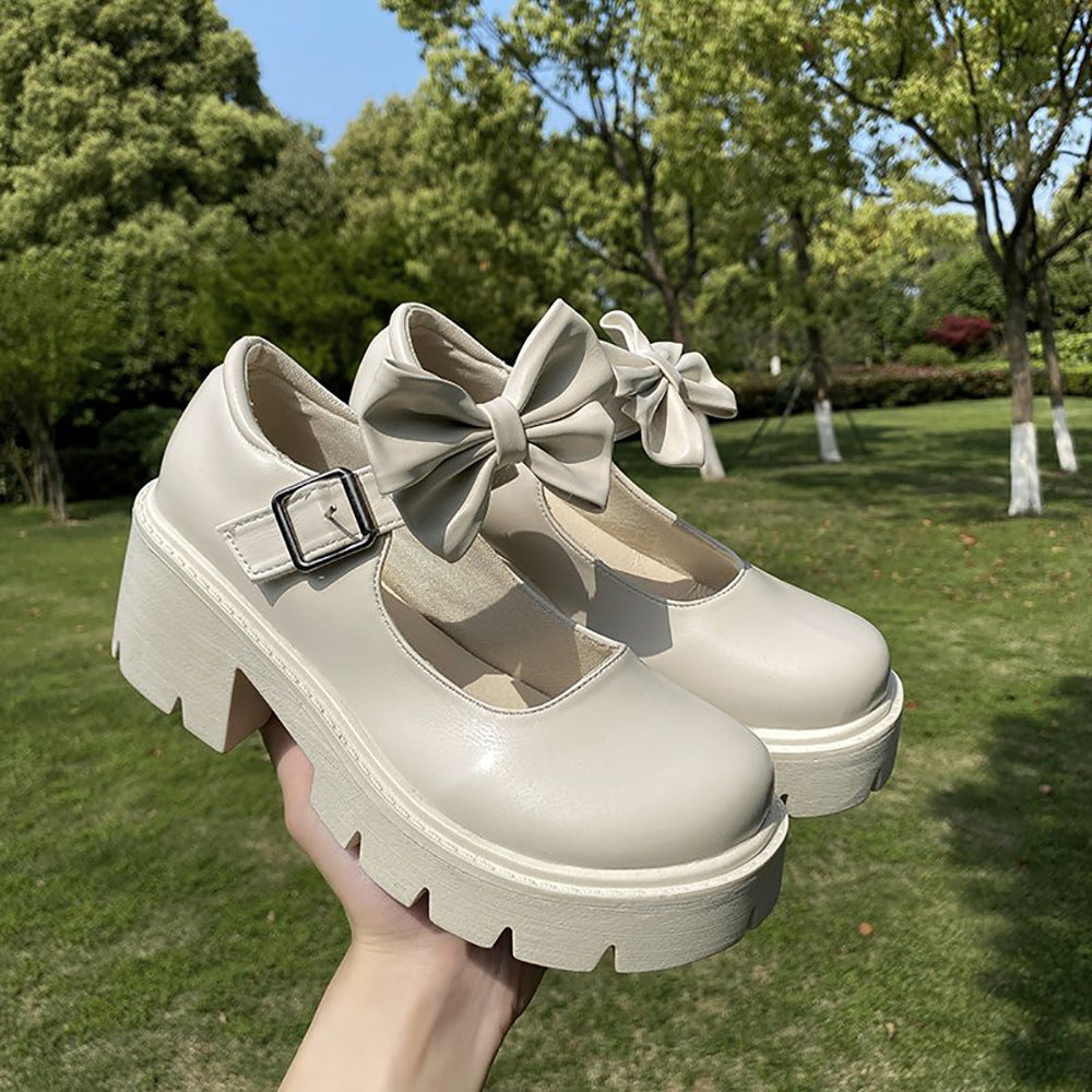 Women's Platform White Round Toe High Heel Leather Shoes