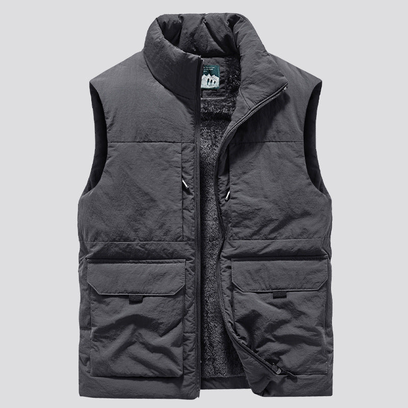 Men's Casual Stand Collar Multi-pocket Plus Size Thickened Velvet Vest