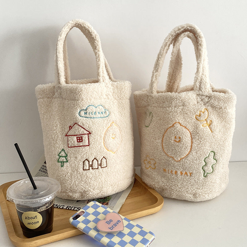 Plush Cartoon Embroidery Small Bucket Portable Handbag