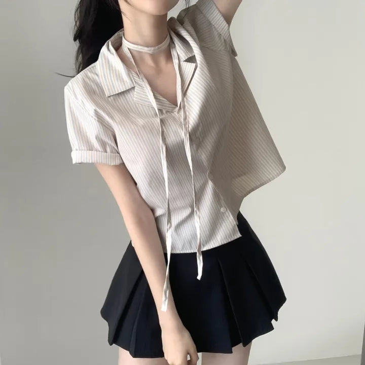Short-sleeved Shirt Loose Women's Short Striped Shirt