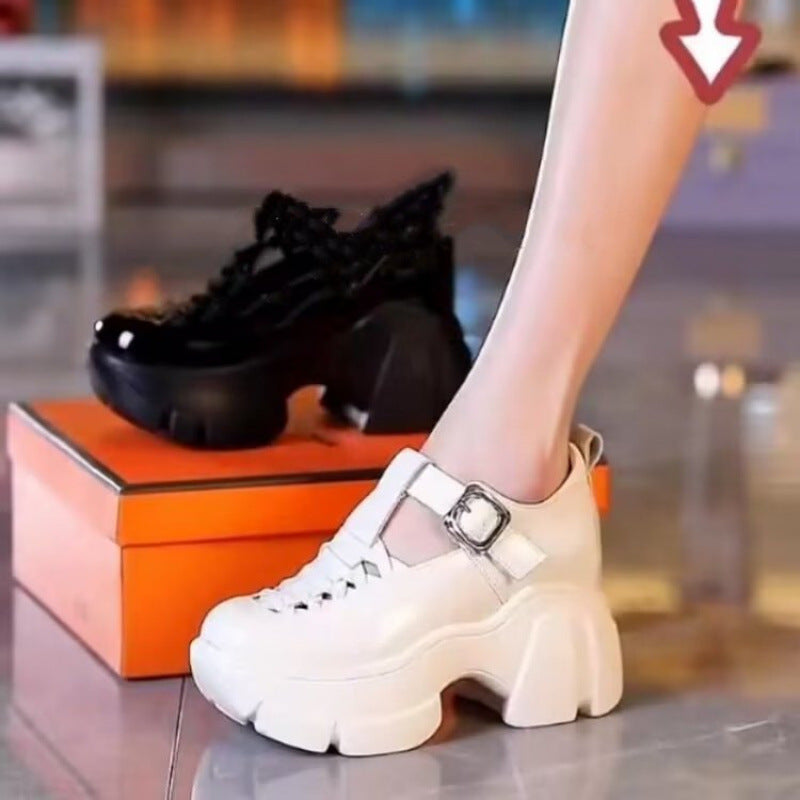 Genuine Leather Outdoor Comfortable Patent Leather Chunky Heel Closed Toe Coros Roman Shoes
