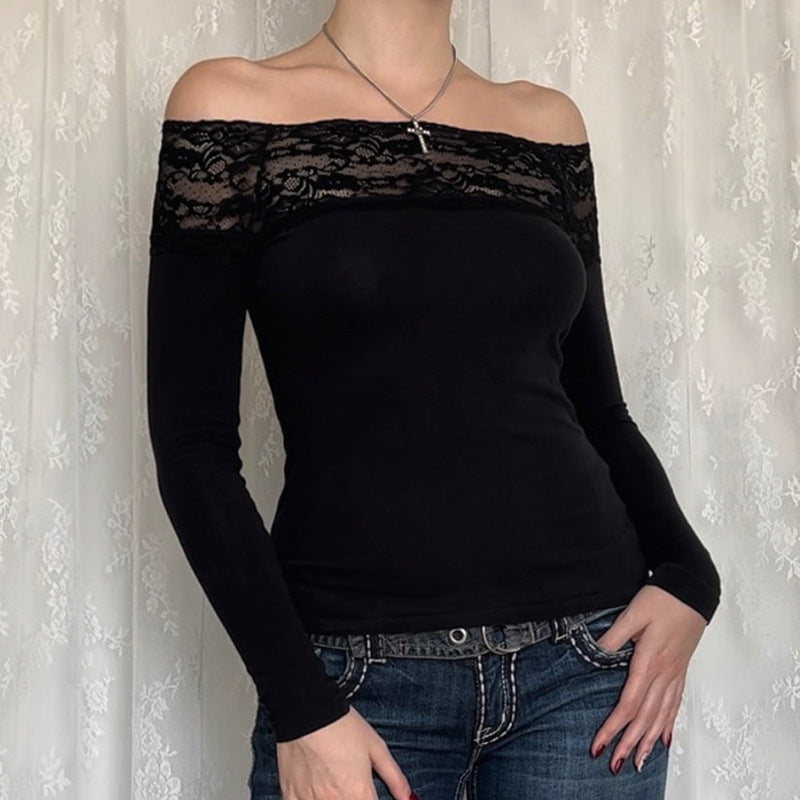 Sexy Off-the-Shoulder Lace-Panel Long-Sleeve Top