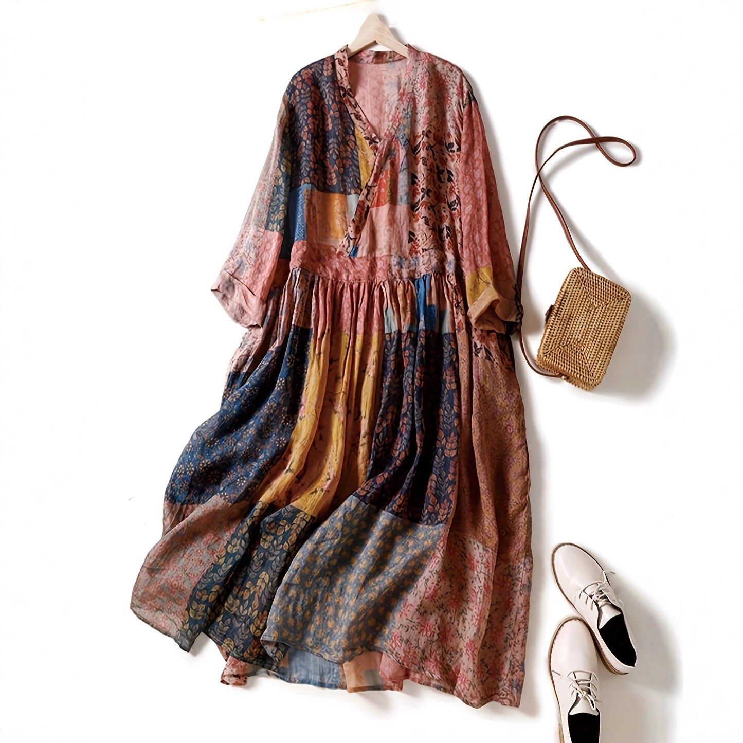 Womens Fashionable Retro Printed V-Neck Loose Dress