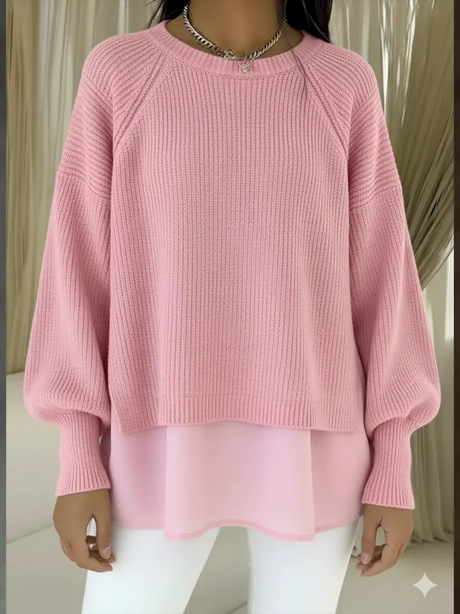 Ensfarvet afslappet crewneck-sweater med chiffonkant og pufærmer