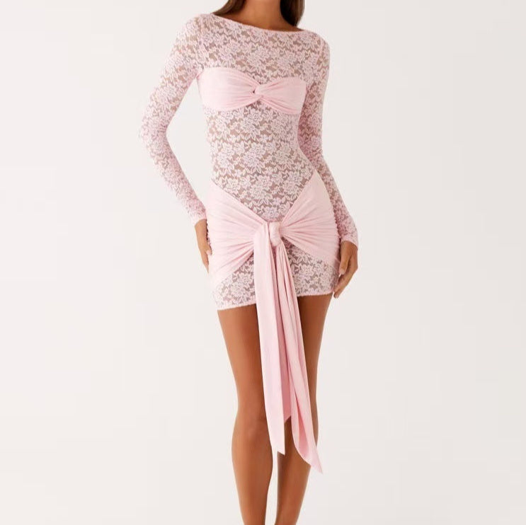 Womens Fashionable Round-Neck Lace-Patchwork Long-Sleeve Dress
