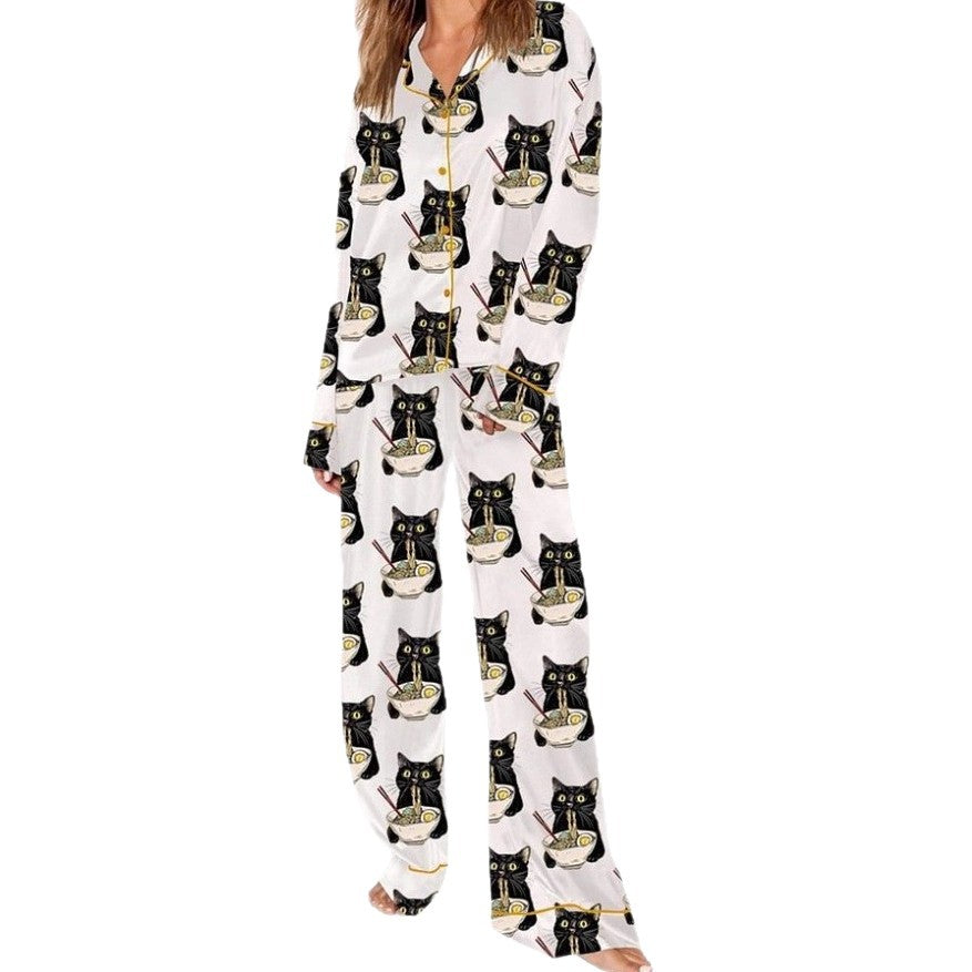 Fashionable Long-sleeve Printed Lapel Loungewear Pajamas