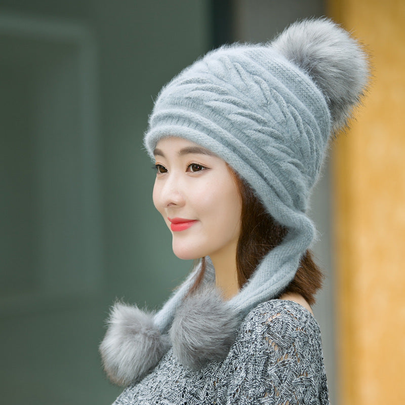 Ladies Rabbit Fur Knitted Pullover Hat To Keep Warm