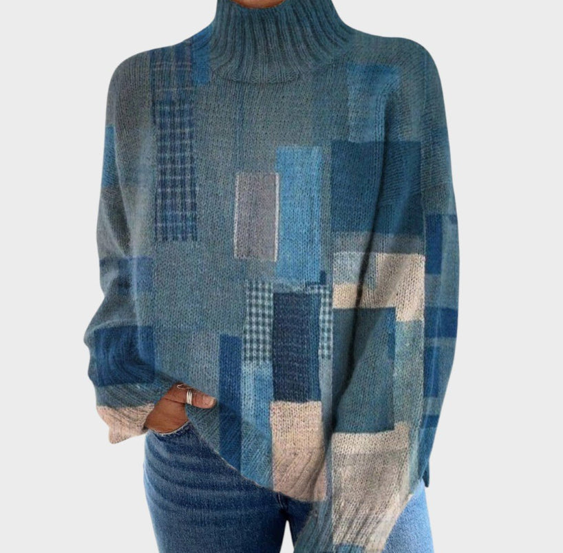 3D Striped Pattern Printed Turtleneck Long Sleeve Sweater