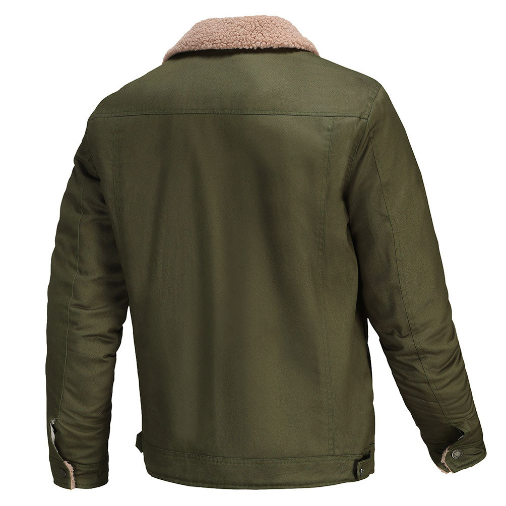 Men's Coat Winter Warm Workwear Coat Multi-pocket Casual Thickening Coat Solid Color Retro Lamb Wool