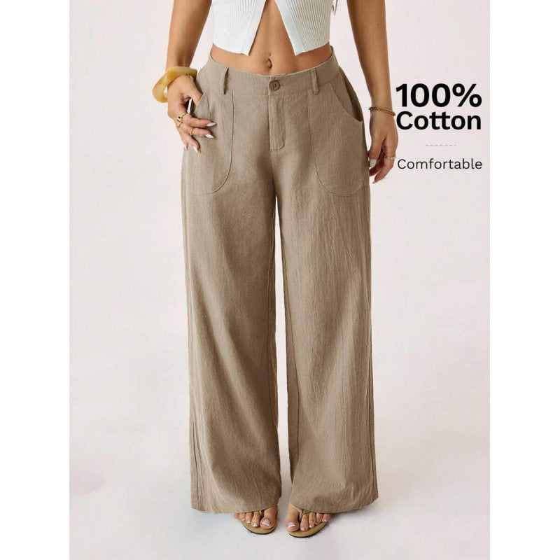 New Cotton-linen Womens Mid-rise Casual Commuter Wide-leg Pants