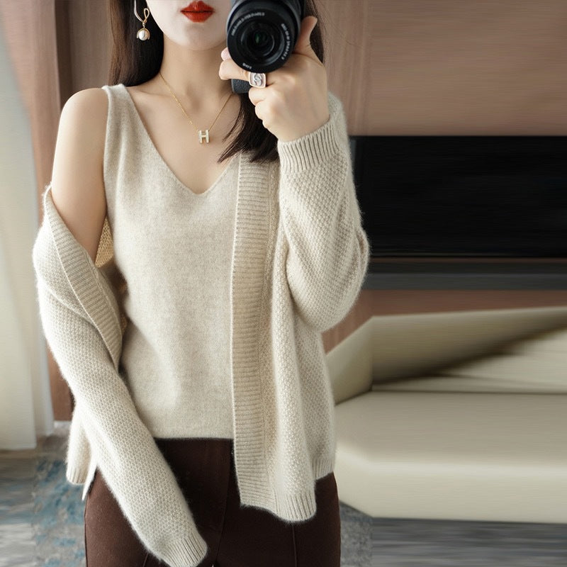 Knitted Cardigan Two-piece Sling Temperament V-neck Sweater