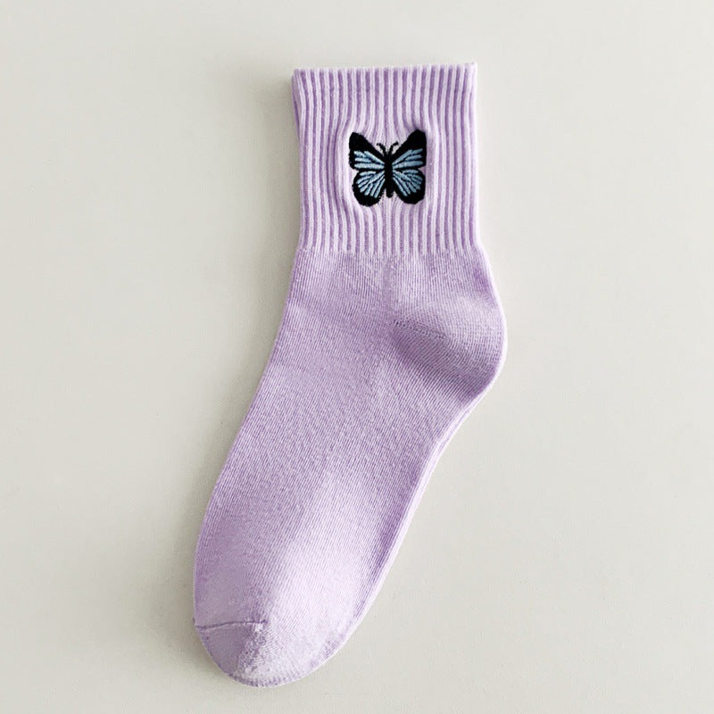 Women's Fashion Solid Color Butterfly Embroidered Mid-calf Socks