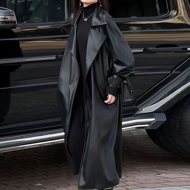 Women's Fashion Temperament Long Below The Knee Leather Coat