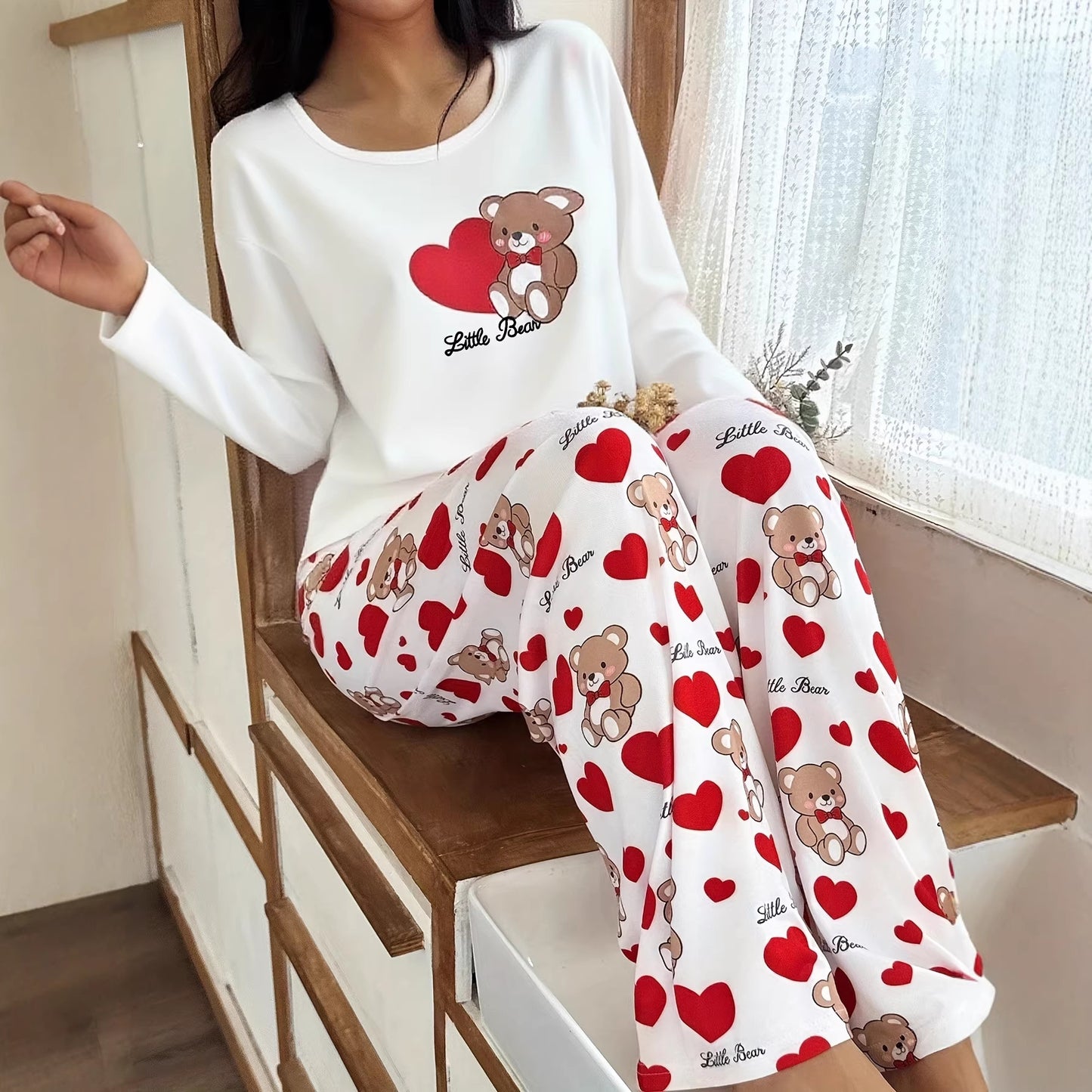 Womens Crew-Neck Bear And Heart Print Long-Sleeve Pajama Set With Long Pants