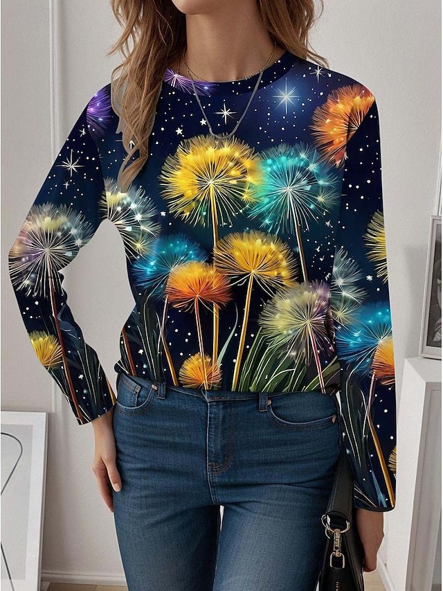 Womens Casual T Shirt With 3D Printed Crew Neck And Long Sleeves