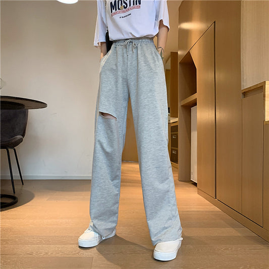 Women's Relaxed-fit Drawstring Design Distressed Wide-leg Trousers