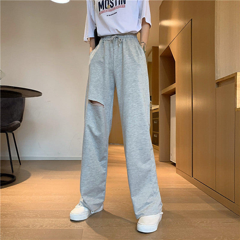 Women's Relaxed-fit Drawstring Design Distressed Wide-leg Trousers