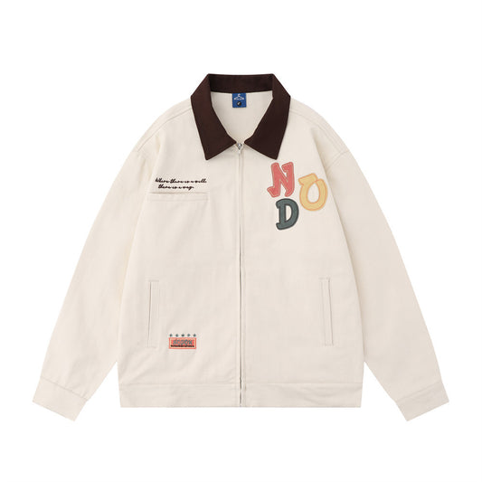 Color Letter Veneer Embroidery Contrast Color Lapel Denim Jacket
