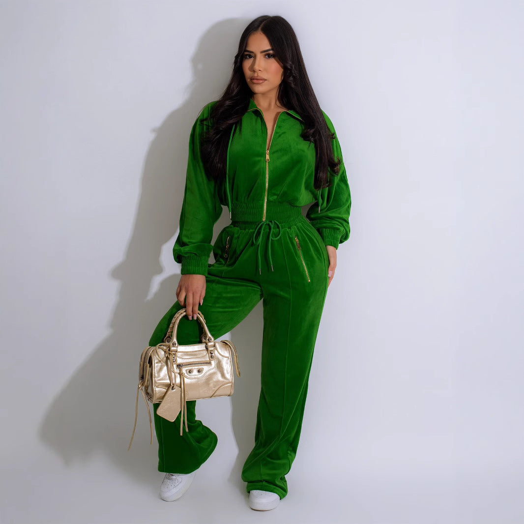 Womens Long-Sleeve Lapel Zip-Up Cardigan And Trousers Winter Two-Piece Set