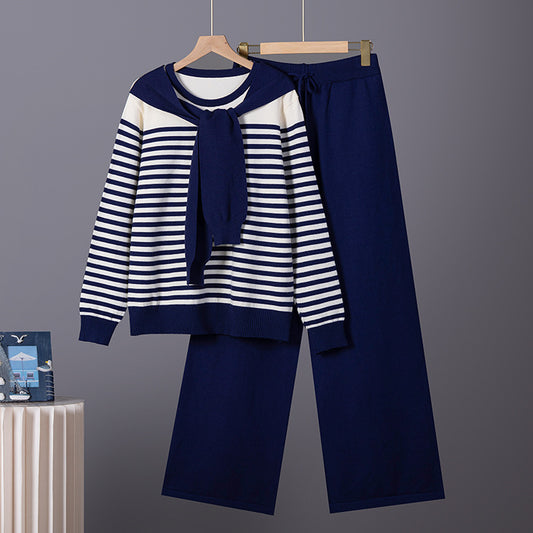Womens Professional Knit Set Striped Sweater And Wide Leg Pants Two Piece Suit