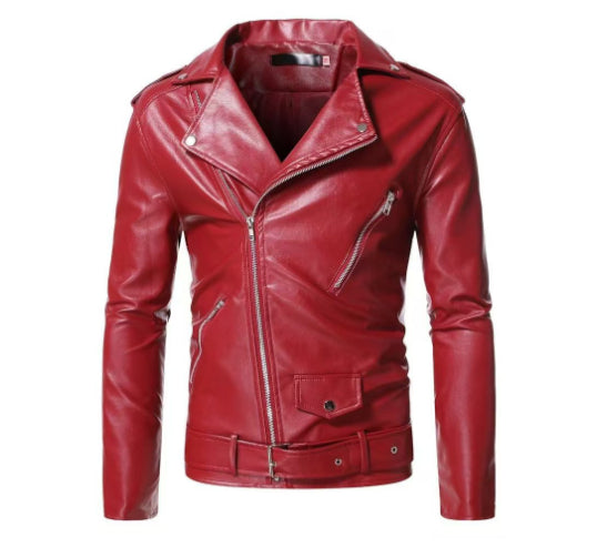 Slim Casual Leather Jacket With Lapel Diagonal Zipper