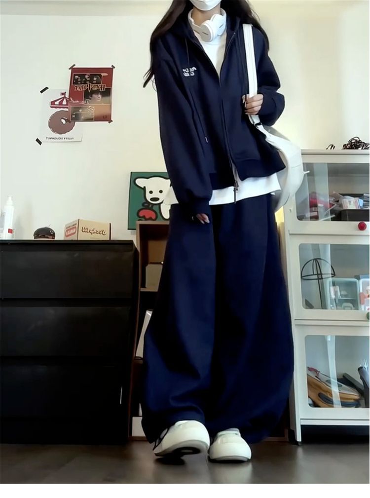 Women's Navy Blue Casual Hooded Zip-up Sweatshirt For Autumn And Winter