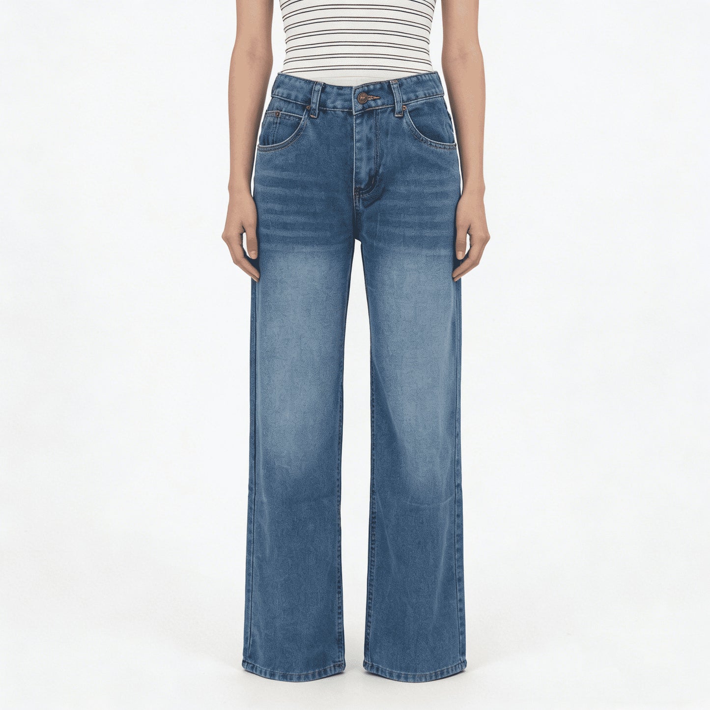 Retro Washed Mopping Pants High-Waisted Womens Slimming Washed Denim Jeans