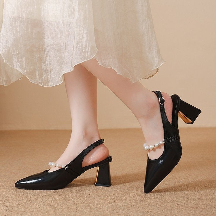 Spring New Arrival Women's Pearl Pointed Toe Slingback Sandals, French Mary Jane Block Heels, One-Strap High Heel Sandals