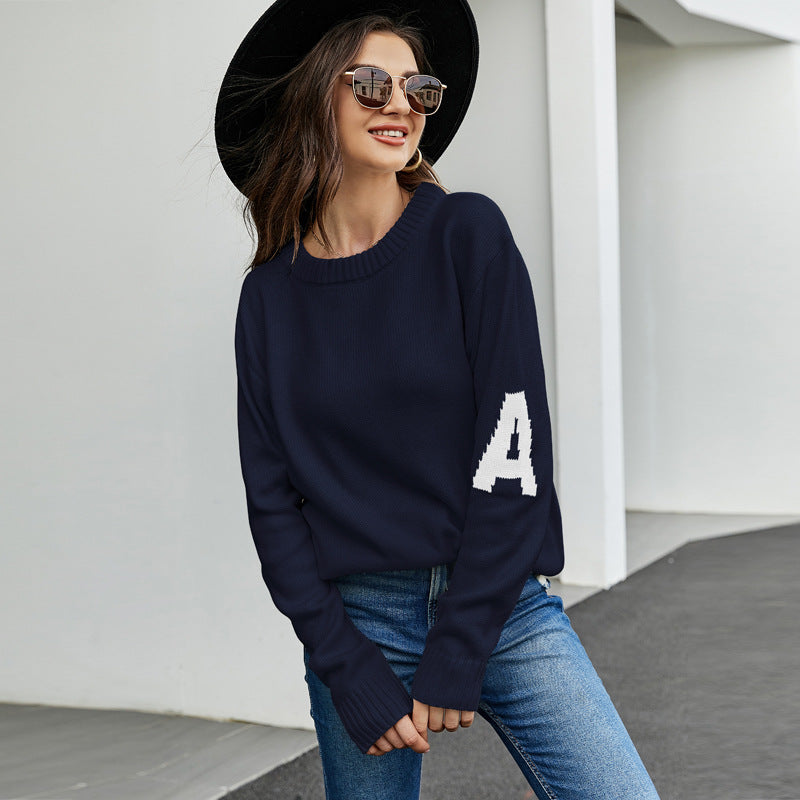 European And American Letter Jacquard Casual Sweater Idle Style Loose Pullover