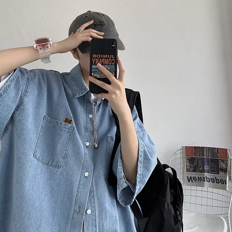 Denim Shirt Men's Short Sleeve Shirt Baggy Coat