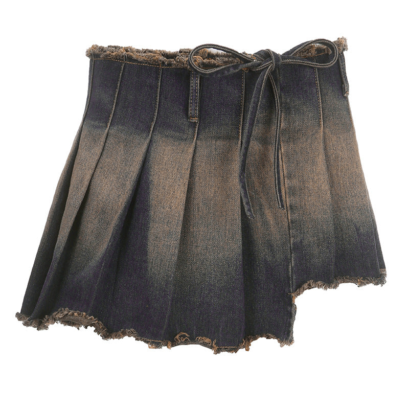 High Waist Lace-up One-piece Washed Denim Skirt