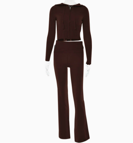 Style Cross-border Knitted Hooded Suits Fashion Sexy High Waist Long Sleeves Trousers Two-piece Set