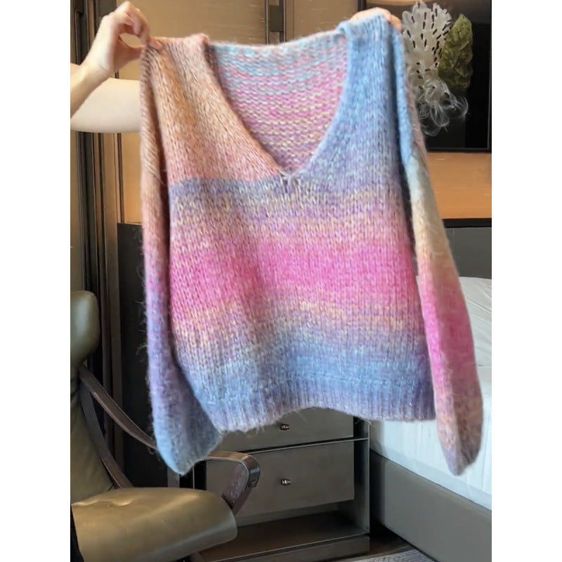 Lazy Fashion V-neck Striped Gradient Sweater