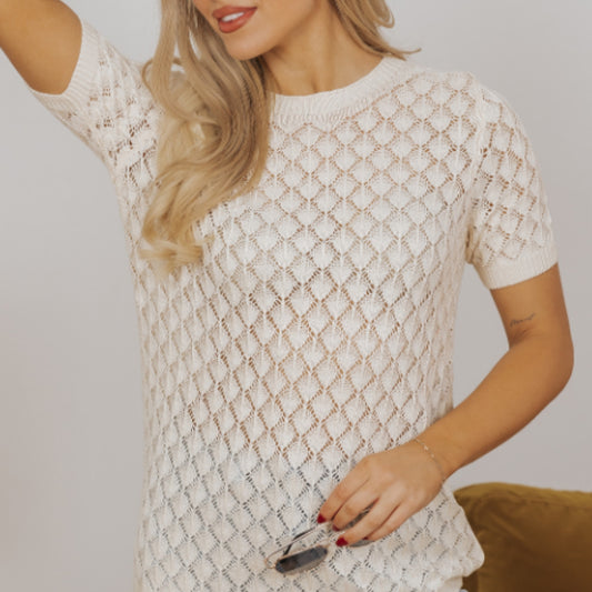 Beige Hollow Out Crochet O Neck Short Sleeve Sweater Tee