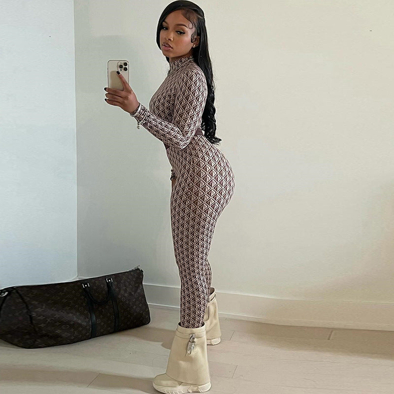 Women's Fashion Printed Street Round Neck Long Sleeve Fitness Jumpsuit
