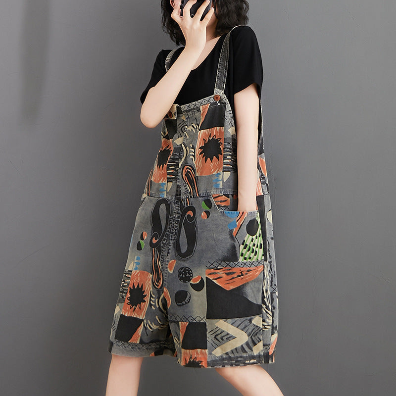 Summer Printed Denim Suspenders For Women