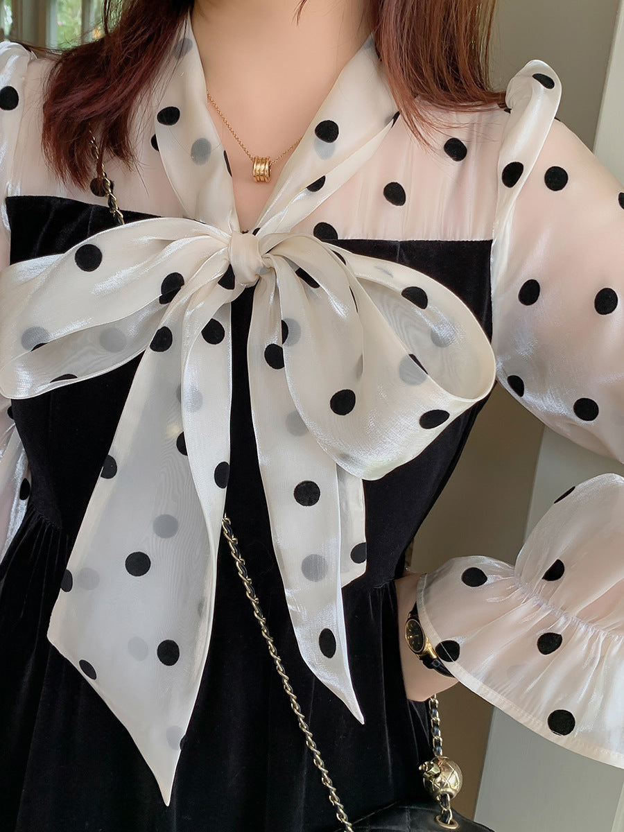 Polka Dot Stitching Lace-up Bow Dress