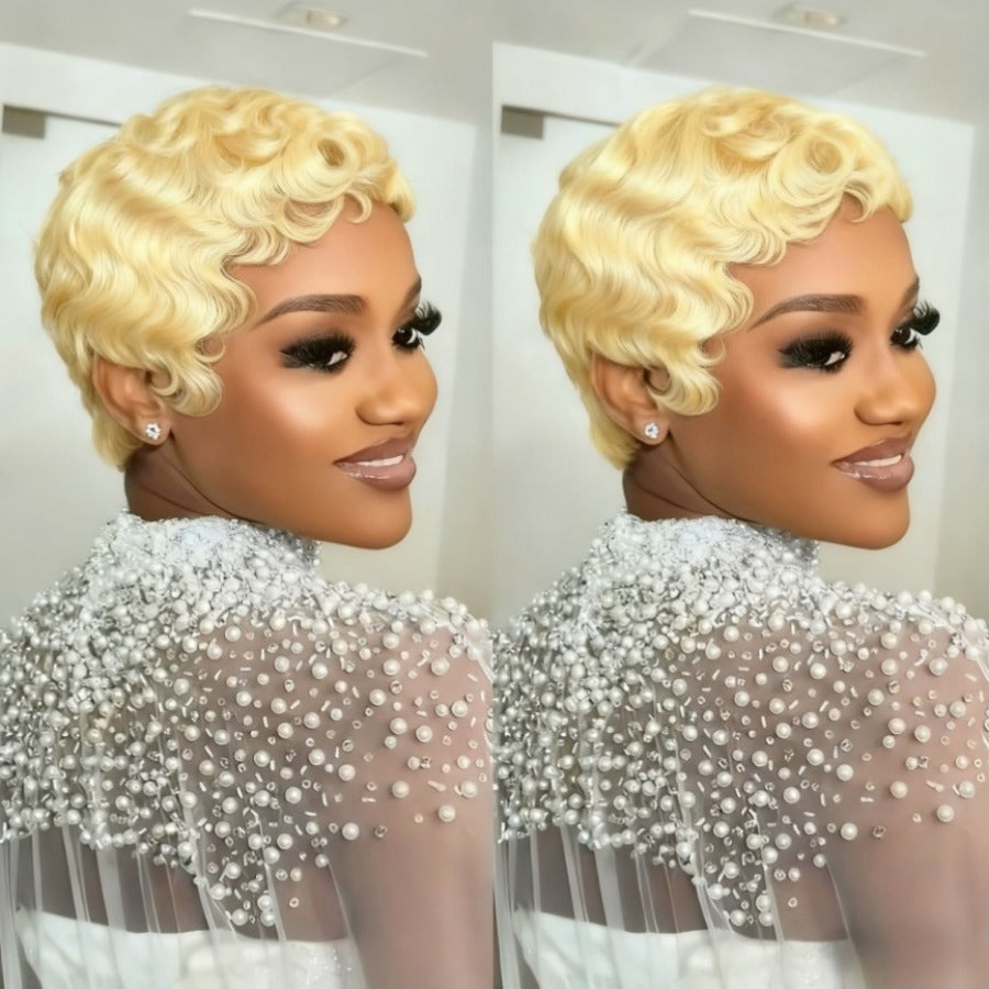 Blonde Curly Pixie Cut With Wave Human Hair