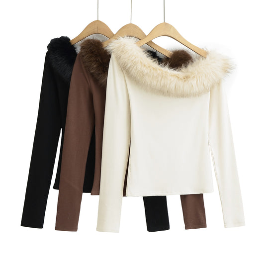 Fur Collar Beveled Off-shoulder Long Sleeve Stretch Thread Sunken Stripe Slim Top